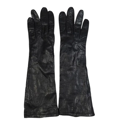 Guantes de ópera de cuero negro vintage forrados de seda Francia Gimbel Brothers Foto 1 de 4