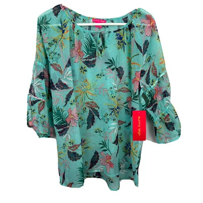 NUEVA Blusa Sunny Leigh Azul Aqua Floral Hawaiana Talla S Estampada Manga Campana DC Foto 1 de 4