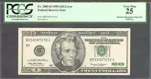 $20 1999 FRN, Fr. 2086-D Scarce Engraving Error District Designator PCGS VF 25 - Picture 1 of 3