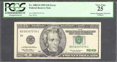$20 1999 FRN, Fr. 2086-D  Scarce Engraving Error District Designator PCGS VF 25 - Image 1 of 3