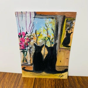 ACEO Love Couple Cat Look at Window Morning Acrylic Painting card Unframe NEW - Picture 1 of 7