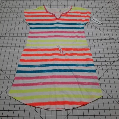 Nuevo con etiquetas Vestido Antiguo Azul Marino Niñas Neón Rayas Playa Encubrimiento Talla 8 Regular Cuello en V Corbata Cintura Foto 1 de 4