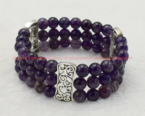 VALENTINO Bracciale elastico 3 file 6 mm naturale viola ametista pietre preziose rotonde perline 7 5"