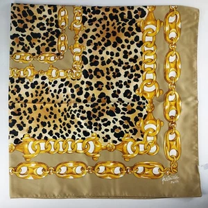 Patricia Paris 100% Polyester Designer Scarf Large 34x34 Gold Chain And Leopard - Picture 1 of 3