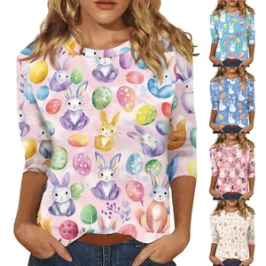 Women's Tops Casual Plus Size Easter Printed Basic 3/4 Sleeve Fashion Pullover - Picture 1 of 27