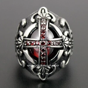 Anillo Punk Rock Gótico Cruz Circonita Roja Acero Inoxidable Gótico Grande Para Hombre Joyería 3N002A - Imagen 1 de 11