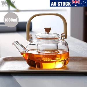 1000ml Glass Teapot Tea Pot Coffee Kettle With Bamboo Handle Japanese Style - Bild 1 von 8