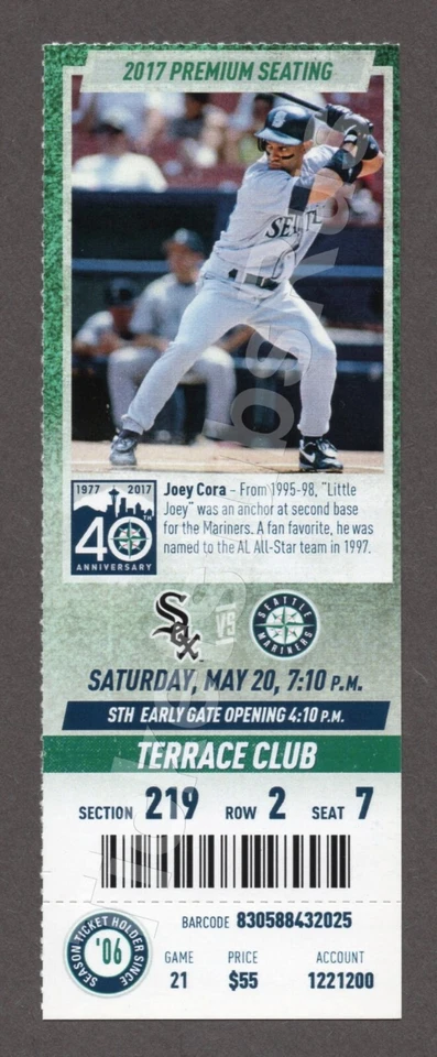 2017 Seattle Mariners vs Chicago White Sox 5/20 MINT CLUB Ticket JOEY CORA - Image 1 of 1