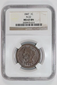 1847 BRAIDED HAIR LARGE CENT N-22 NGC MS63 BN - TOTALLY ORIGINAL & PQ! - Picture 1 of 2