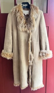 Italian Shearling Lamb Long Coat Banana  Republic 2004 Tan Penny Lane Petite Med - Picture 1 of 19