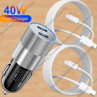 Dual Type C PD Fast 40W Car Charger Adapter Cable For iPhone 14 13 12 11 Pro Max - Image 1 of 4