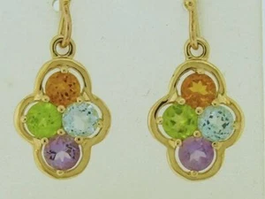 E053 - REAL 9ct Solid Gold NATURAL Multi-Gem Drop Earrings Peridot Citrine Topaz - Picture 1 of 1