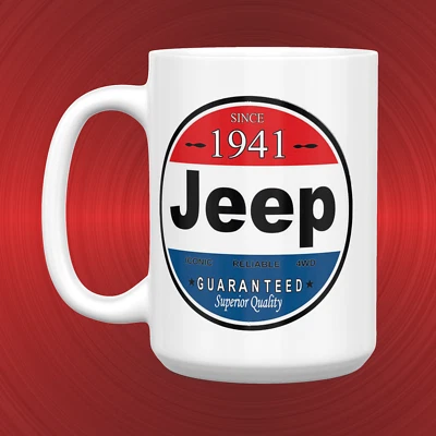 Letrero emblema Jeep vintage desde 1941 logotipo grande 15 oz. TAZA DE CERÁMICA DE 2 CARAS Foto 1 de 4