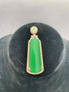 Ladies 14k Gold Plated Iced Green Jade Cz Bling Pendant 3” Long - Picture 1 of 2