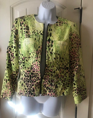 Chaqueta Blazer Maggy London Estampado Animal Verde/Rosa Bolsillos con Cremallera Forrada Talla 6 Foto 1 de 4