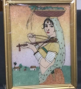 Vtg Real Gemstone Art India Lady Basket Musical Frame Wall ~NEW Old Stock - Picture 1 of 12