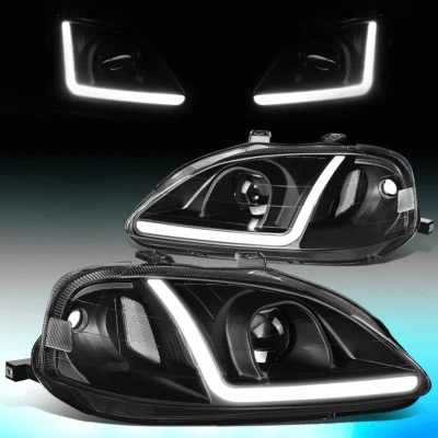 适用于 1999 - 2000 年本田 CIVIC LED DRL 黑色透明侧旋转项目头灯 — 第 1/4 张图片