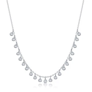 Sterling Silver Dangling Round Bezel-Set CZ Necklace 16" + 2" - Picture 1 of 1