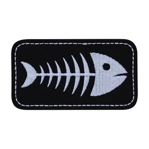 FISHBONE - white bones, skeleton on black background Patch/Badge Embroidered - Picture 1 of 1