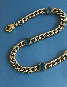 9ct Yellow Gold in Chain Bracelet with London Blue Topaz Stations 7.6" - Picture 1 of 6
