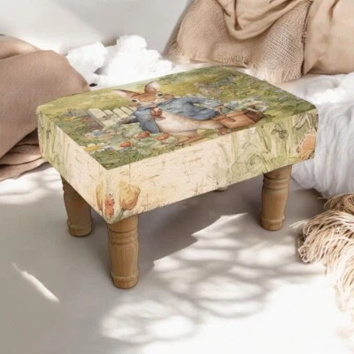 Stylish Rabbit Printed Linen Footstool Padded Seat, Country Cottage Lounge Decor - Image 1 of 4