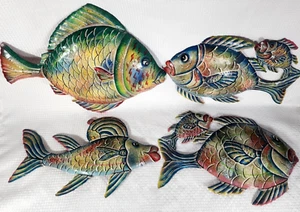Metal Fish Hanging Wall Art In Door Out Door Set Of 4 (1) 16" (3) 14" - Picture 1 of 13