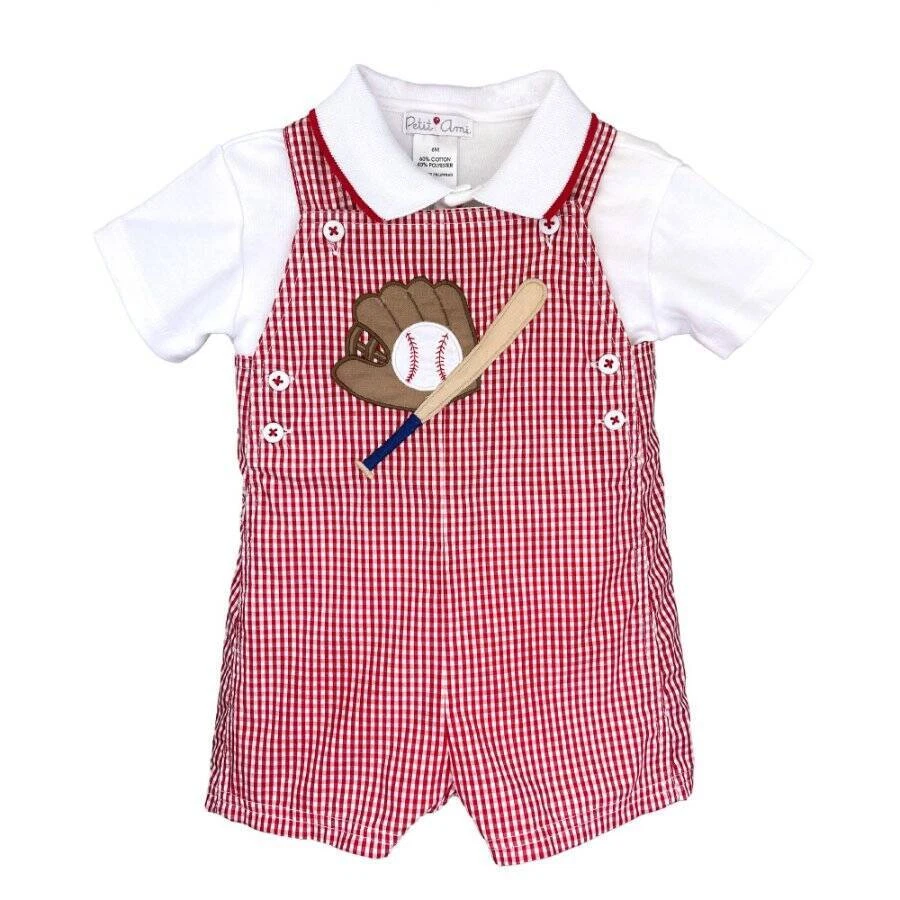 Petit Ami Red Check Baseball Applique Shortall with Shirt  12 18 24 Months - Image 1 of 1