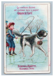 French Victorian Trade Card Dog Boy Whip Ice Skating Duroyon Ramette St Bernard - Picture 1 of 2