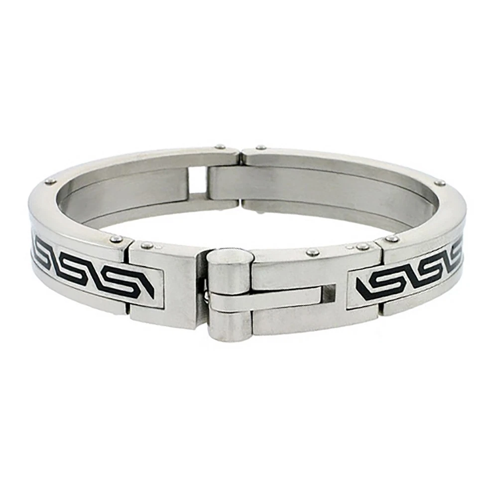 Brazalete de 8,5" con patrón de llave griega esmaltado de acero quirúrgico de acero inoxidable de 15 mm para hombre Foto 1 de 1