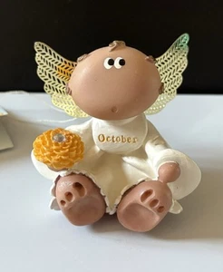 October Baby Guardian Angel Gold Wings w/Flower Figurine Kirks Kritters Signed - Picture 1 of 14