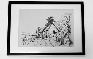 Wall Art Drawing, Black & White Church, Original Design. Home Decor. Framed. - Picture 1 of 5