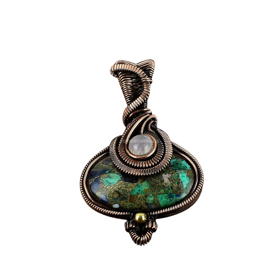 Кулон юбилейный радужный лунный камень драгоценный камень азурит малахит медь медь - Изображение 1 из 4