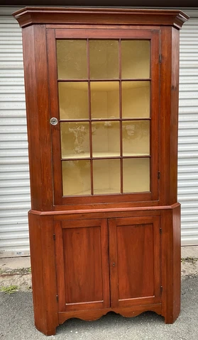 Antique American 1800's Cherry Corner Cupboard Cabinet Signed Cover