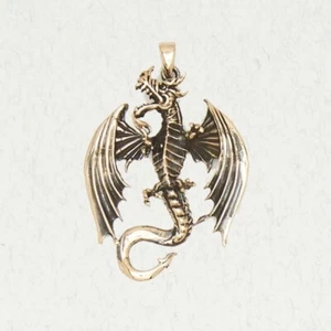 Celtic Dragon Bronze Medieval Winged Reptilian Gold Pendant Jewelry - Picture 1 of 2