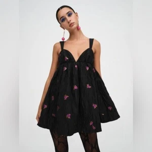 For Love and Lemons Sachi Babydoll Floral Jacquard Mini Dress S Black Party Date - Picture 1 of 15
