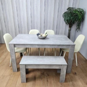 6 Seater Grey Dining Table Set with Cream Leather Chairs & Bench Oak Look - Picture 1 of 12