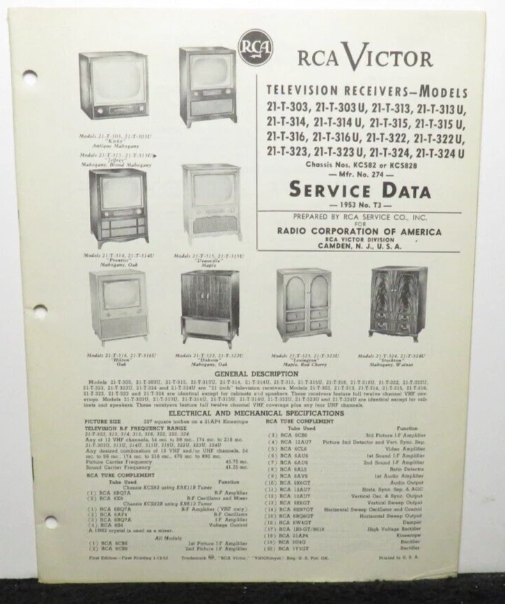 RCA VICTOR TELEVISION SERVICE DATA 1953 T3 21-T-303 -313 -314 -315 -316 U KCS82 - Image 1 of 1