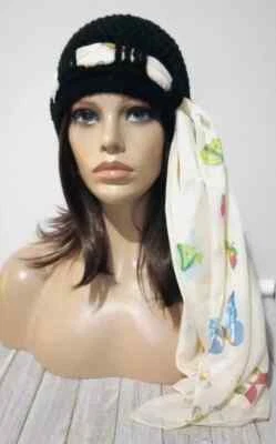 ganchillo mujer hecho a mano gorro bufanda sombrero quimioterapia cáncer crema negro mariposa nuevo Foto 1 de 3