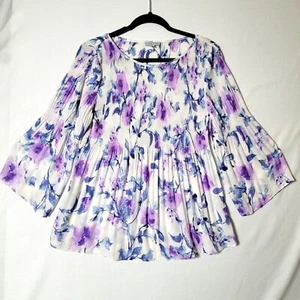 Floral & Ivy Womens Tunic Sz M Bell Sleeves Pleated White Blue Purple Floral - Picture 1 of 11