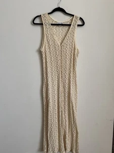 Vintage 90s Ivory Cream C’est Bon Crochet Knit Cotton Maxi Sheer Dress Size L - Bild 1 von 4