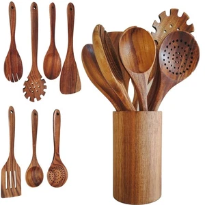Juego de utensilios de cocina de madera con soporte, cucharas de cocina de madera de teca para no-S... - Imagen 1 de 9
