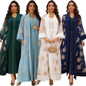 Conjuntos de 2 piezas bordado kimono mujer Dubai cárdigan vestido largo Abaya caftán islámico - Imagen 1 de 28