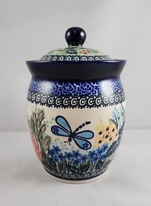 Tarro de cerámica polaco único bote con tapa flores libélula azul verde - Imagen 1 de 10