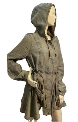 "Chaqueta larga Free People militar ejército verde con capucha 32"" cintura con cordón L" Foto 1 de 4