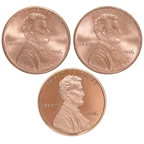 2016 P D S Lincoln Shield Cent Year Set Proof & BU US 3 Coin Lot Cover