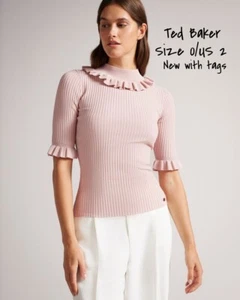 Top donna aderente Ted Baker dettaglio collo arricciato rosa, Katella taglia 0/US 2 nuovo - Foto 1 di 9