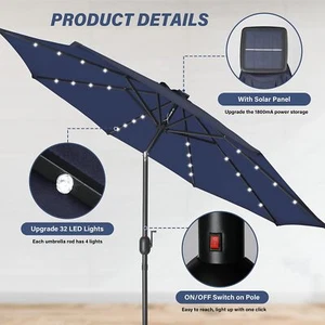 32 LED Lighted 9ft Solar Umbrella  for Garden, Deck, Backyard, Pool, Dark Blue - Picture 1 of 8