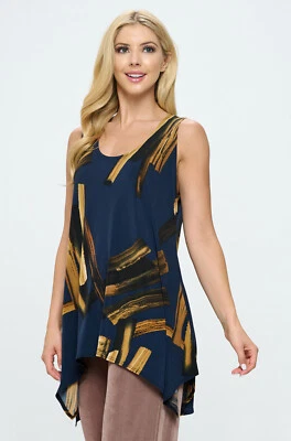 JOSTAR Poly Spandex Slinky STRETCH Knit NAVY BLACK POINT HEM TANK TOP L XL - Image 1 of 4