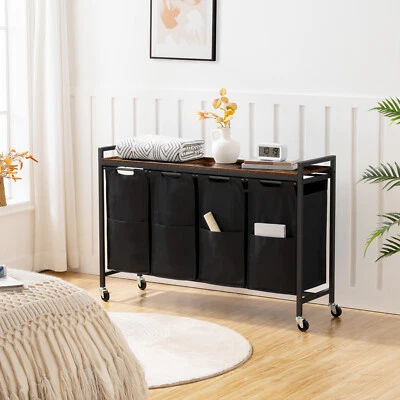 Wäschekorb 4 Fächer Wäschesammler Wäschebox Wäschewagen mit Rollen Wäschesack - Bild 1 von 4