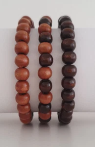 Set of 3 Wood Mens Wooden Bead Tribal / Surfer Elastic Bracelet - Brown Mix - Picture 1 of 14